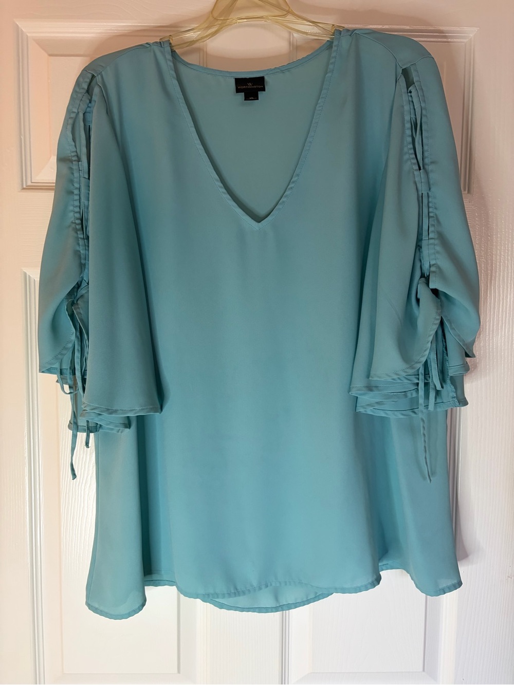 Worthington Aqua V-Neck Ruffle Tie-Sleeve Blouse